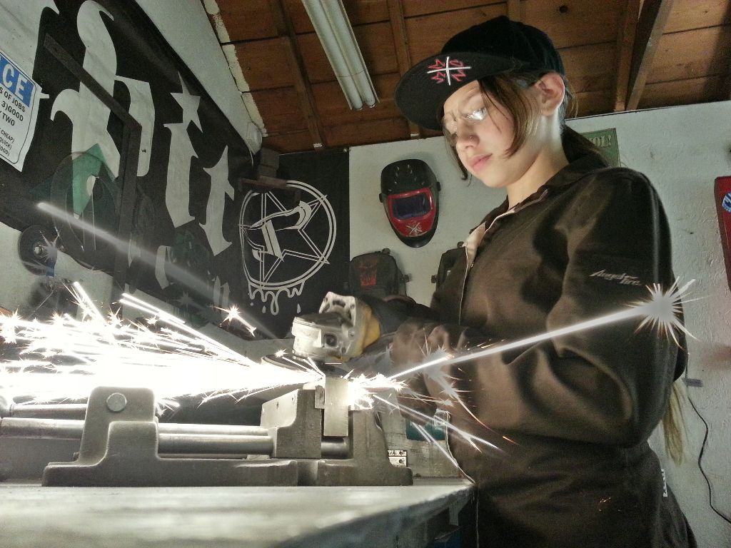 Desiree Velez, welding up a storm in her AngelFire welding jacket