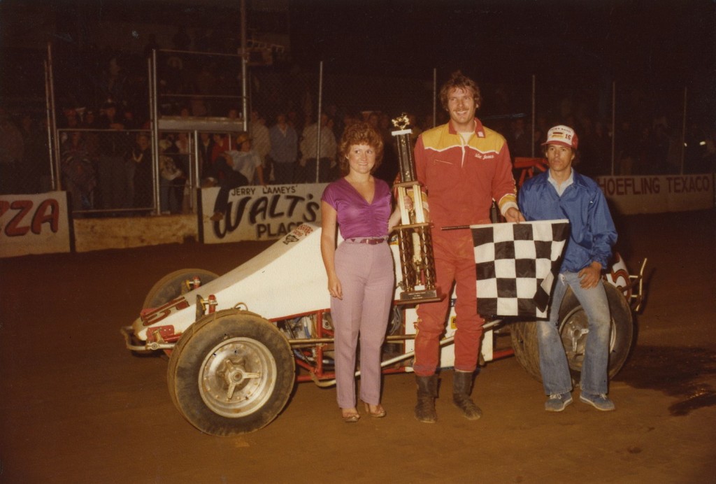 Jim Watson and Lee James celebrate a World of Outlaw Sprint Car win
